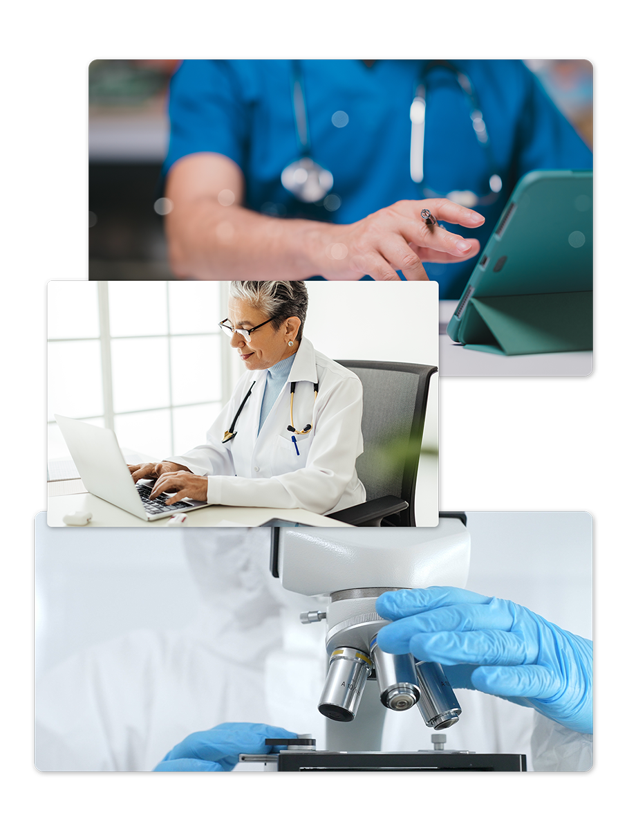 A collage of healthcare workers using tech