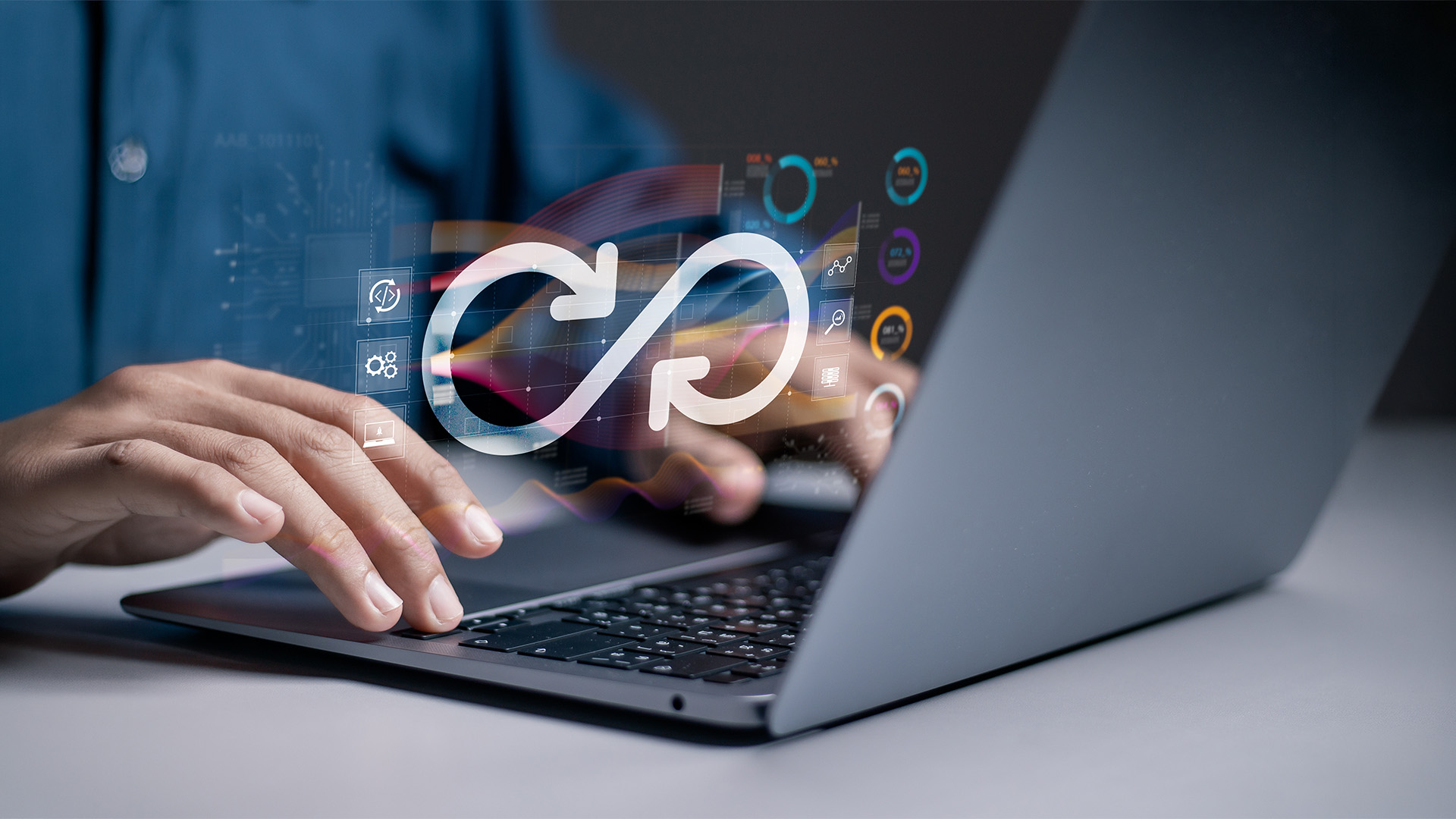 Laptop with floating integration icon