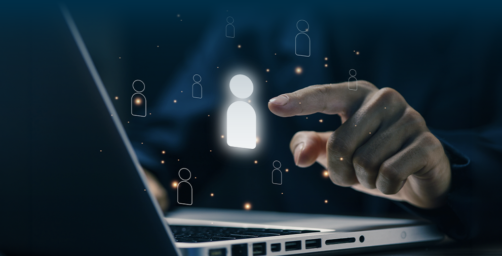 Floating human icon on laptop with finger about to touch it