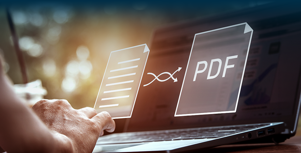 Floating PDF icon above laptop