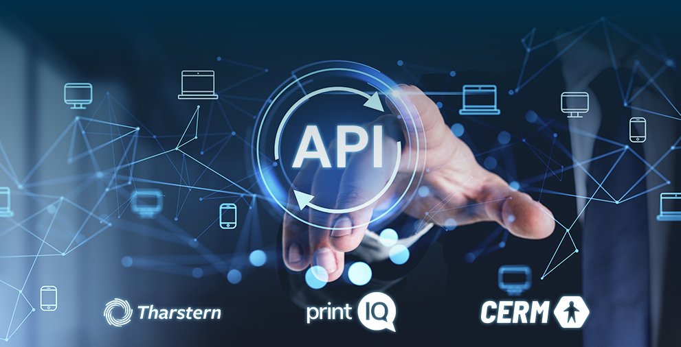 API icon floating with Tharstern, printIQ, and CERM logos