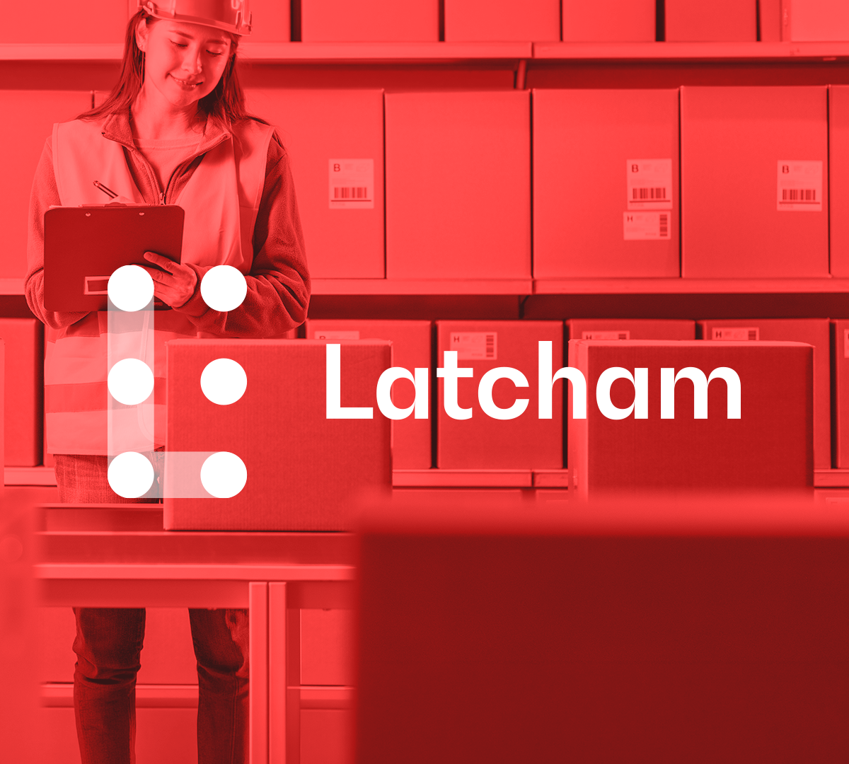 Latcham Logo overlaying packaging warehouse