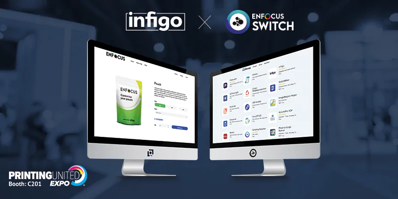 Two computers facing each other showing Enfocus App store and example product page
