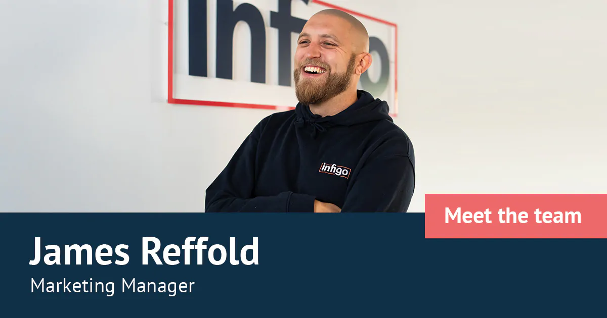 James Reffold in front of Infigo logo